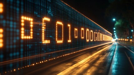 An abstract software programming illustration with glowing binary numbers and dots forming a dynamic matrix representing digital data and technological innovation