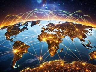 Obraz premium Global Expert System Network: Long Exposure World Map Banner