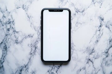 Elegant Flat Lay of a Blank Smartphone Screen on a Polished Marble Surface with Soft Lighting in a Luxurious Setting, Perfect for Modern Digital Displays or Advertising
