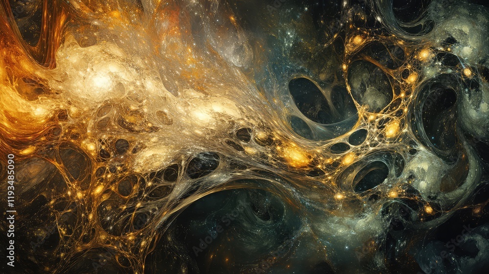 Poster abstract quantum mechanics art featuring entangled nodes emitting light in a dynamic, interconnected