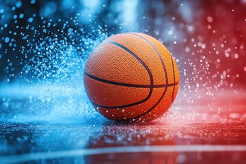 Fototapeta premium vibrant split background in red and blue with contrasting white dots, featuring a bright orange basketball, creating a dynamic sports-themed visual composition