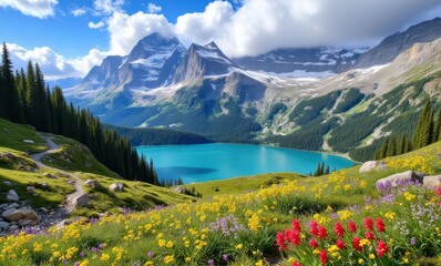 Scenic mountain lake with vibrant wildflowers