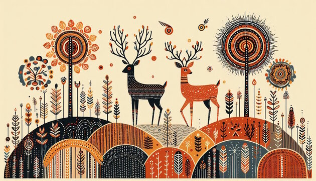 Indian Rajasthani Style Traditional Folk Art or warli art design dear for Cultural, Decor, art project, wallpaper, banner, card, soft brown background