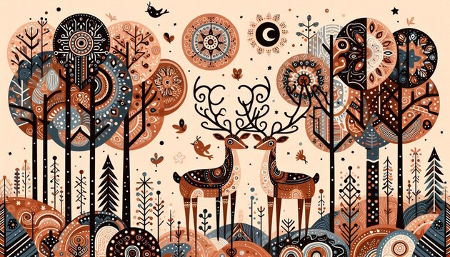 Indian Rajasthani Style Traditional Folk Art or warli art design dear for Cultural, Decor, art project, wallpaper, banner, card, soft brown background