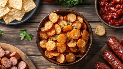 Fototapeta premium A Bowl of Fried Potato Chips on a Table with Various Other Snacks.