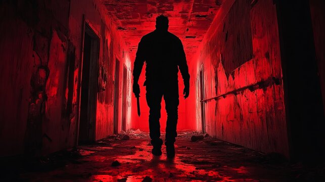 A chilling silhouette holding a knife stands in the dim red glow of an abandoned building, evoking the eerie atmosphere of a maniac horror story