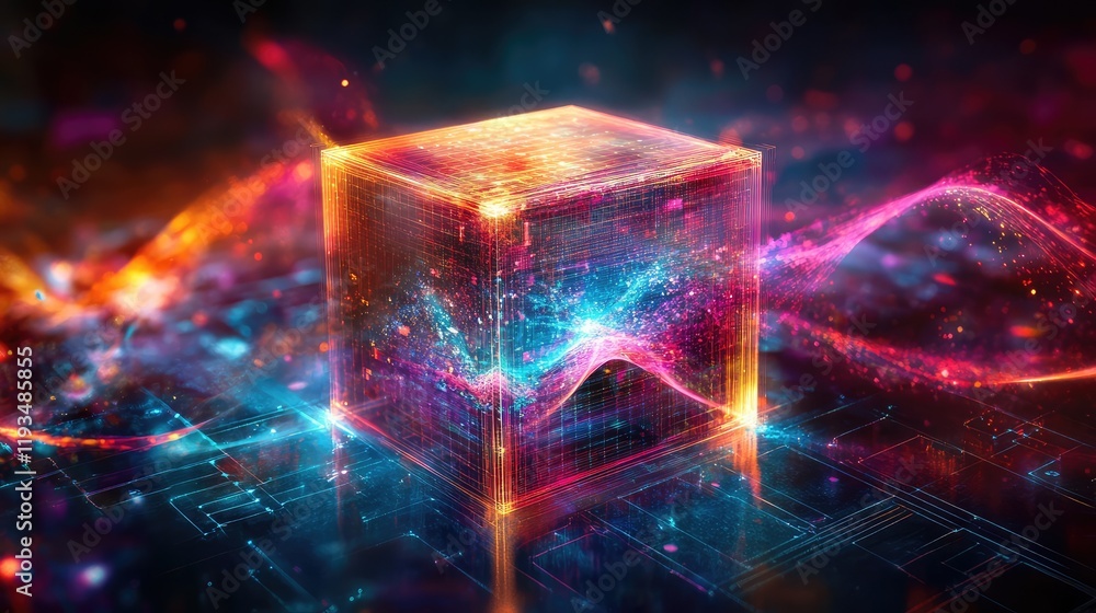 Poster abstract representation of a quantum processor as a luminous cube emitting vibrant energy waves