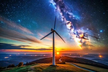 Obraz premium Glowing Particle Landscape with Sparkling Energy Wind Turbine - Sustainable Power Stock Photo