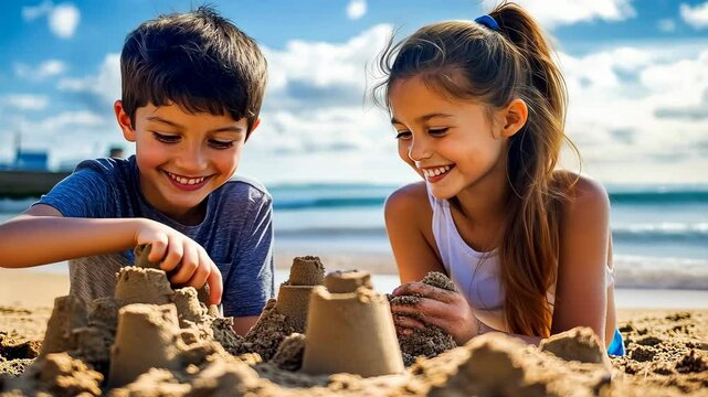 Child Caucasian boy and girl build sandcastle beach.Two kids Caucasian engaged fun seaside activity.Playful children create intricate sandy fortress shoreline.Joyful expressions captured sunny