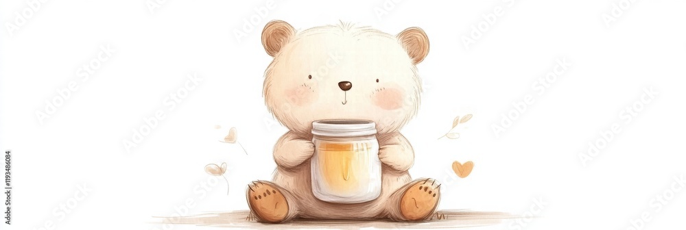 Aufkleber cute bear holding a jar of honey in a charming illustrated setting with soft colors and gentle detai