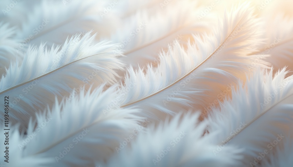 Poster soft, white feathers gently illuminated, creating a serene and delicate image. perfect for backgroun
