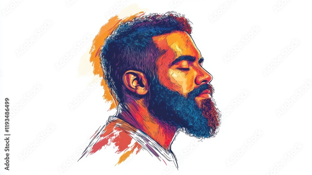 Poster vibrant profile portrait of a man with beard in artistic style, showcasing warm colors and expressiv