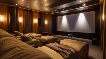 A cozy home theater setup with a projector and comfortable seating, representing the shift towards home entertainment, Home theater scene