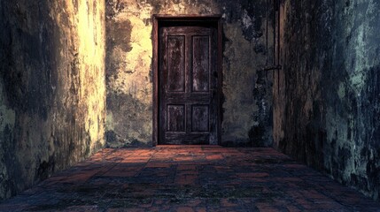 dark rustic hallway with old wooden door and weathered walls creating a mysterious and eerie atmosphere
