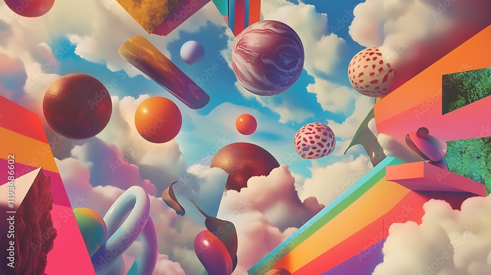 Poster abstract colorful shapes float among clouds