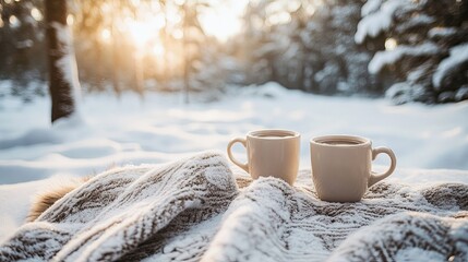 A cozy winter wedding with snow-covered trees, a fur shawl, and hot drinks