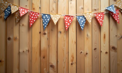 Colorful Red Blue and Gold Patterned Bunting Against Natural Wood Paneling for Festive Celebration Decor