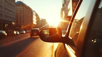 a car on a city street at sunset