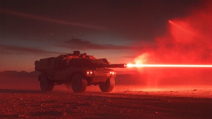 Fototapeta premium a military vehicle with a laser cannon mounted on its front, set against a desert landscape.