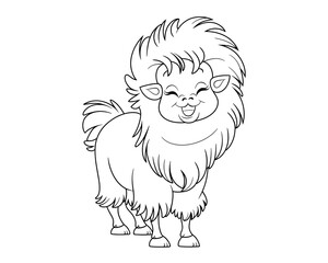Naklejka premium Cheerful Hand-Drawn Yak Character with Friendly Expression in Black and White Line Art Style Perfect for Children's Coloring Activities with Copy Space