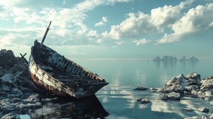 abandoned shipwreck on a rocky shore with calm water and distant mountains under a cloudy sky