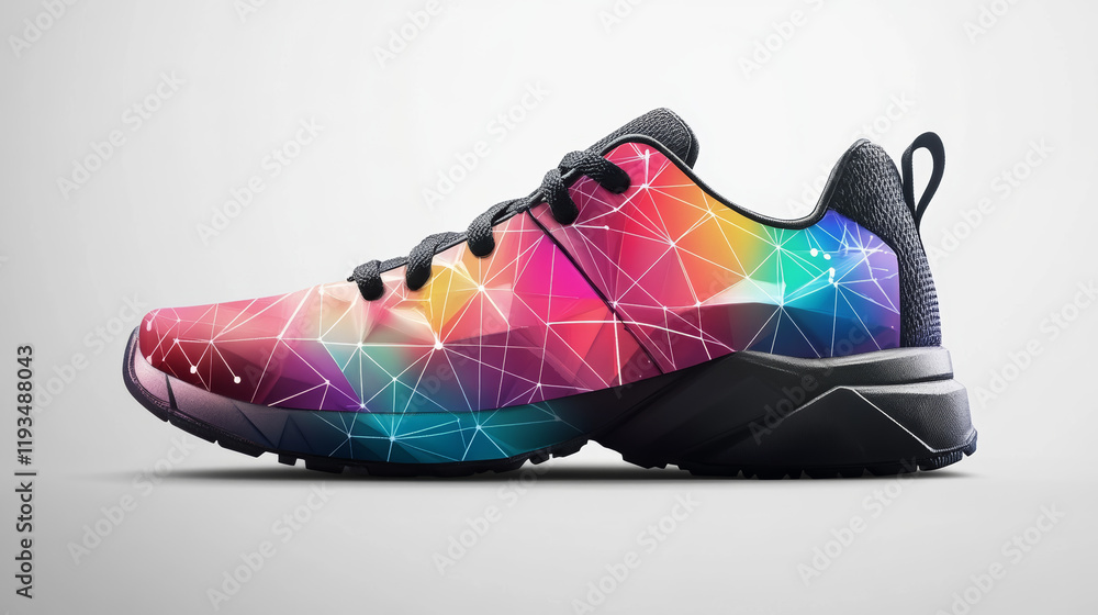 Poster hologram running. sneakers made of polygons, triangles of dots and lines. running shoes have a low p