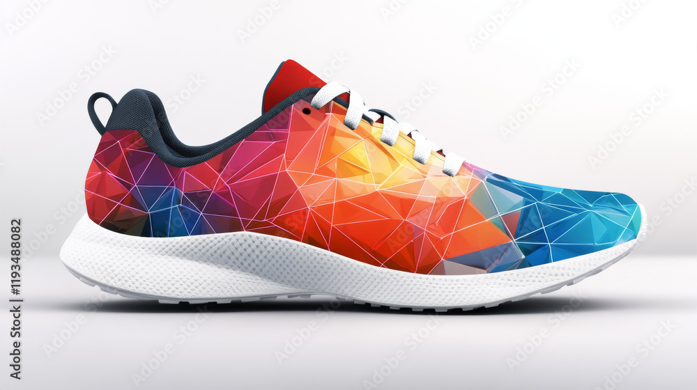 Poster hologram running. sneakers made of polygons, triangles of dots and lines. running shoes have a low p