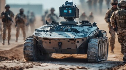 Military Personnel Walking Beside a Military Robot on a Mission.