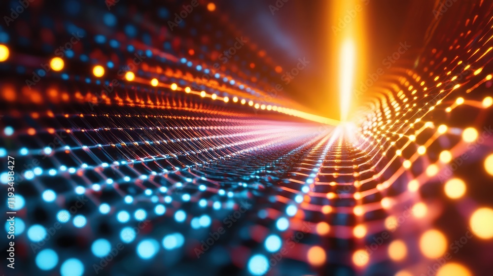 Aufkleber abstract representation of quantum data transfer with bright light beams crossing a metallic surface