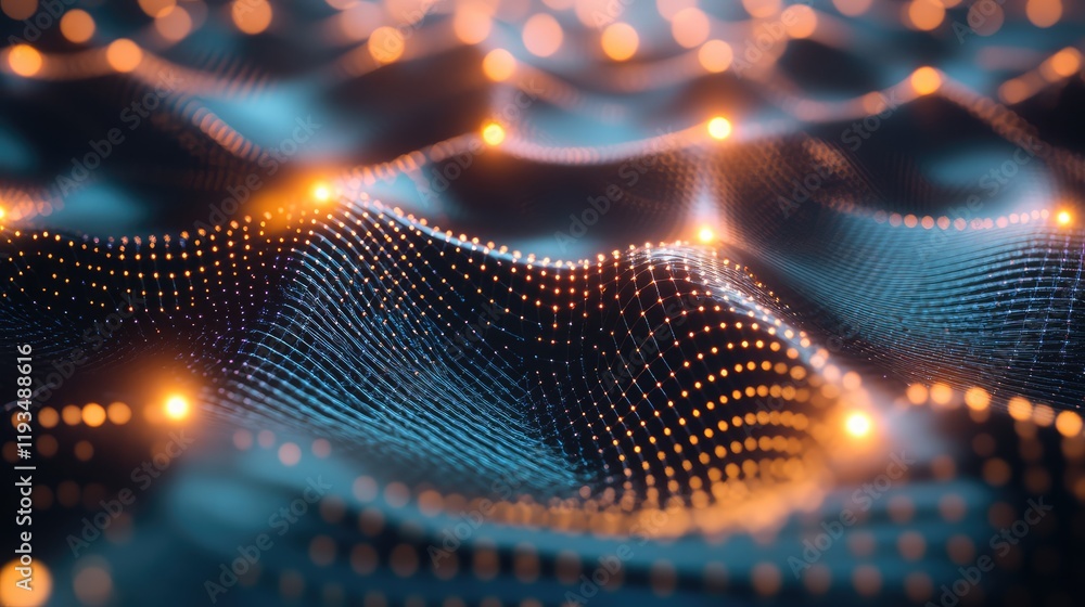 Poster abstract representation of quantum data transfer with bright light beams crossing a metallic surface