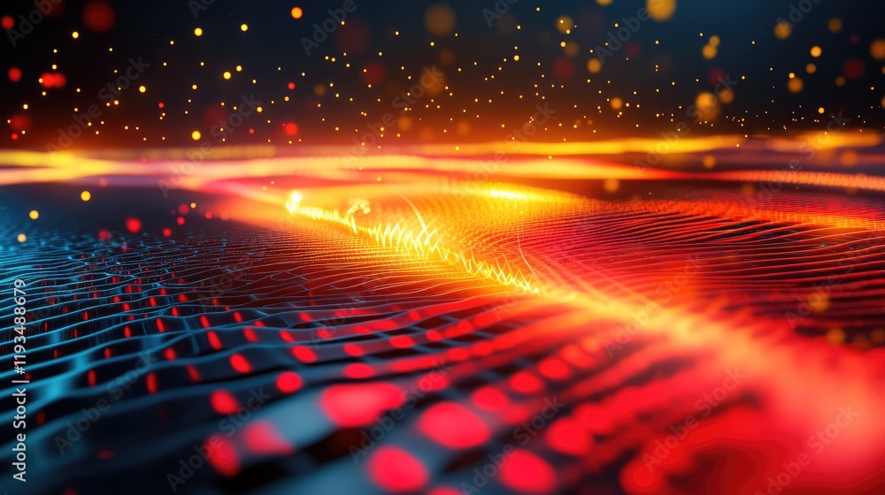 Poster abstract representation of quantum data transfer with bright light beams crossing a metallic surface
