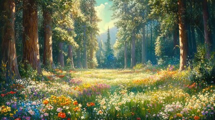 Obraz premium A serene landscape showcasing a vibrant meadow filled with a variety of colorful wildflowers in full bloom, bordered by tall, majestic trees. The scene captures the tranquility of nature, with soft su