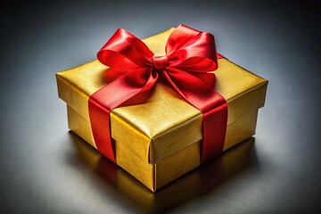 Obraz premium Golden Gift Box with Red Bow on Gray Background - Birthday, Holiday, Valentine's Day Present