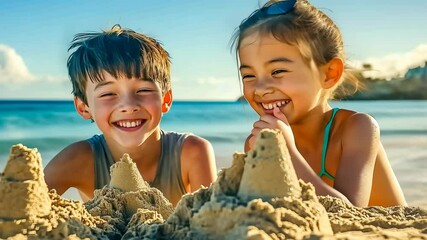 Child Caucasian boy and Asian girl build sandcastles.Siblings laugh sunny beach day.Kids enjoy summer holiday sea background.Young play sandy shore create fortress.Joy,playfulness expressed childhood