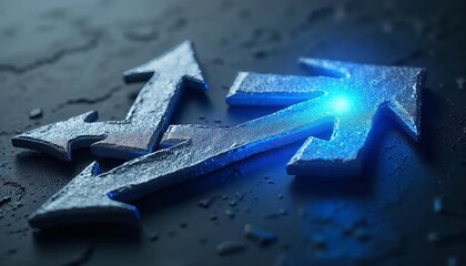 Silver arrows, blue glowing arrow, contrast, leadership concept, standing out from the crowd, direction change, high detail 