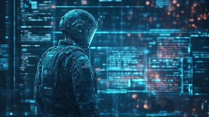 A futuristic soldier wearing a helmet and vest stands in front of a large screen displaying a grid of blue and orange lights.