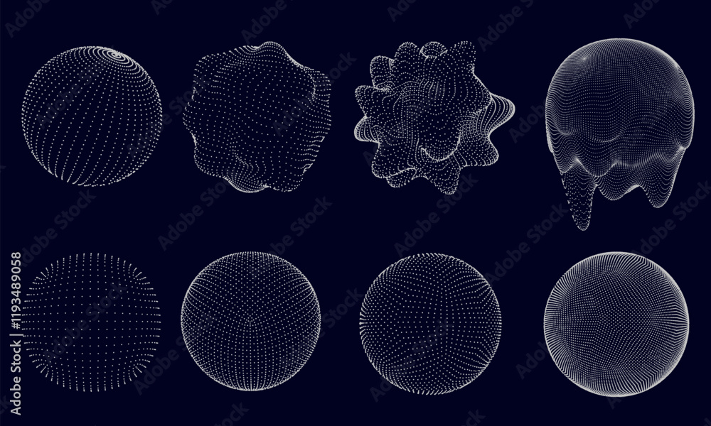 Fototapete dotted 3d sphere. spherical forms, distorted and melted spheres with dot patterns. abstract volumetr