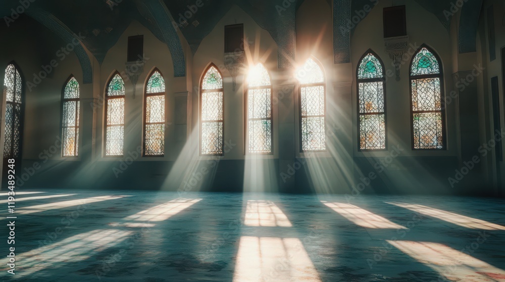 Poster sunlight streaming through ornate windows into an empty, spacious hall creating a striking display o