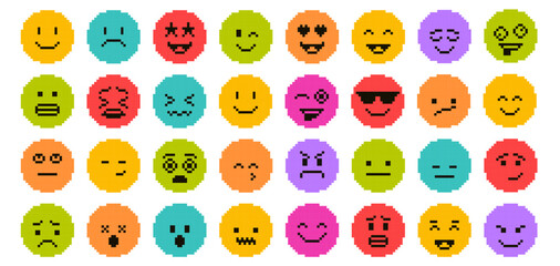 Pixel art faces. Retro pixelated emojis, colorful 8 bit emoticons with various facial expressions including happiness, sadness, anger, surprise and more. Minimal vector emoji icons set.