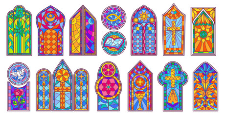 Church stained glass windows. Cathedral glass art decorative designs with Christian religious symbols, colorful geometric patterns and floral motifs. Sacred decor window isolated vector set. © WinWin
