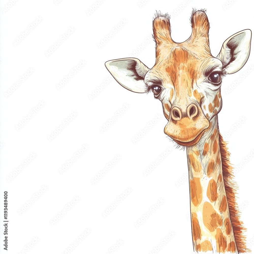 Poster giraffe with curious expression captured in an illustrated style with focus on facial details and te
