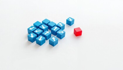 Small blue cubes with white arrows, red cube apart, white textured background, minimalist, leadership concept, direction metaphor, business strategy.