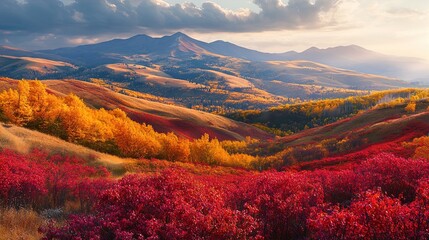 A breathtaking autumn landscape featuring rolling hills blanketed in vibrant hues of red, orange, and yellow foliage. The foreground is dominated by lush crimson plants, leading to a backdrop of golde