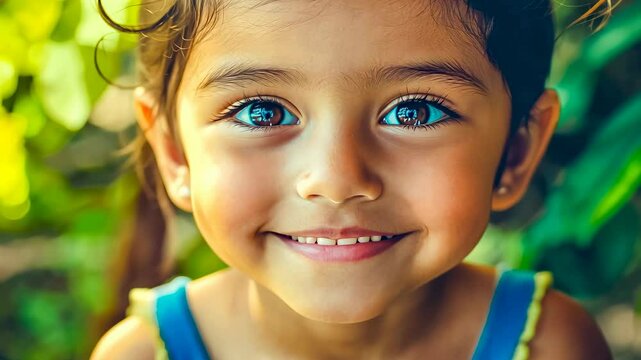 Toddler Asian girl smiles close-portrait.Youthful female twinkles happiness outdoors summer.Child showcases brilliant eyes gleaming sunlight.Youngster presents cheerful countenance lush
