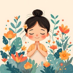 Cute Illustration of a Girl in Prayer Surrounded by Colorful Flowers