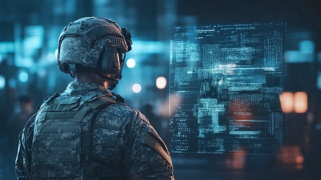 A soldier standing in front of a computer screen displaying digital information.