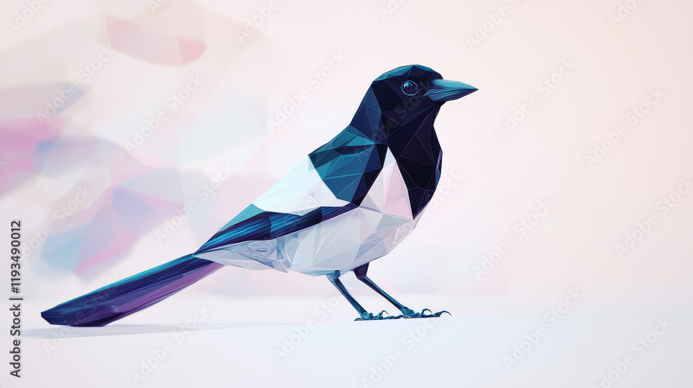 Poster a hologram magpie. magpie of polygons, triangles, points, and lines. magpie low-poly compound struct