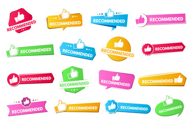 Recommended label. Recommendation badges with thumbs up icons, promotion marketing advertising stickers and advice banners. Recommended product tag vector set.