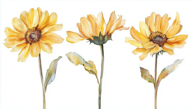 Watercolor set of yellow sunflowers isolated on white background