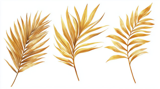 Watercolor set of golden palm fronds isolated on white background